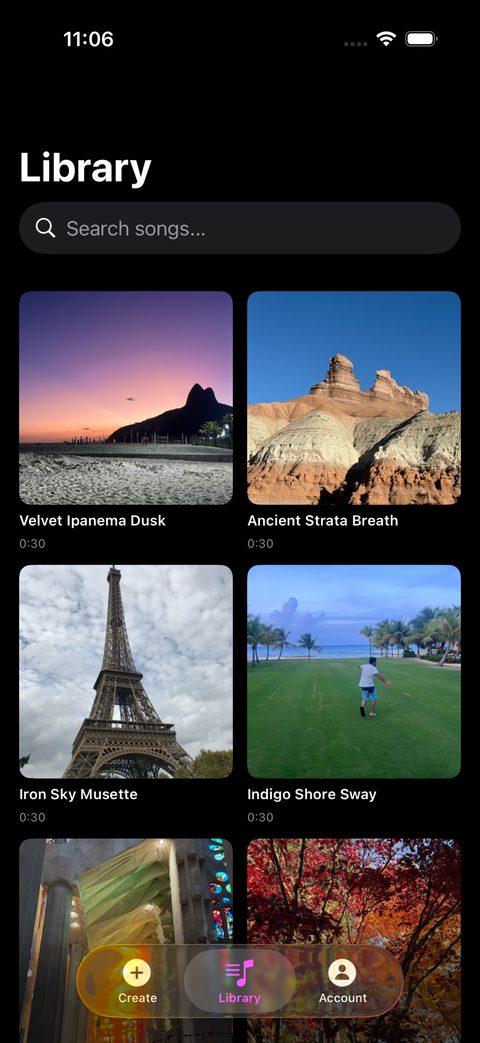 PixChord app showing song library with real photos